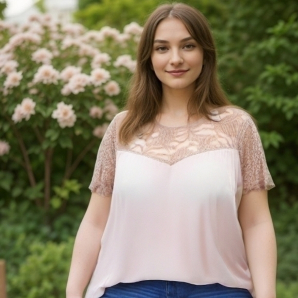 TORRID TAUPE TAN LACE STRETCH KNIT TOP SZ 2X
